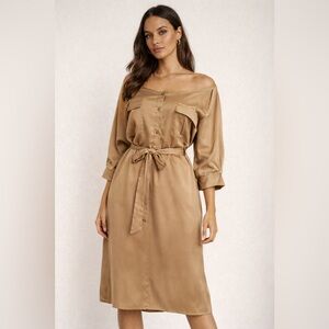 Apostrophe Tan Satin Shirt Dress – Belted Midi | Size XL